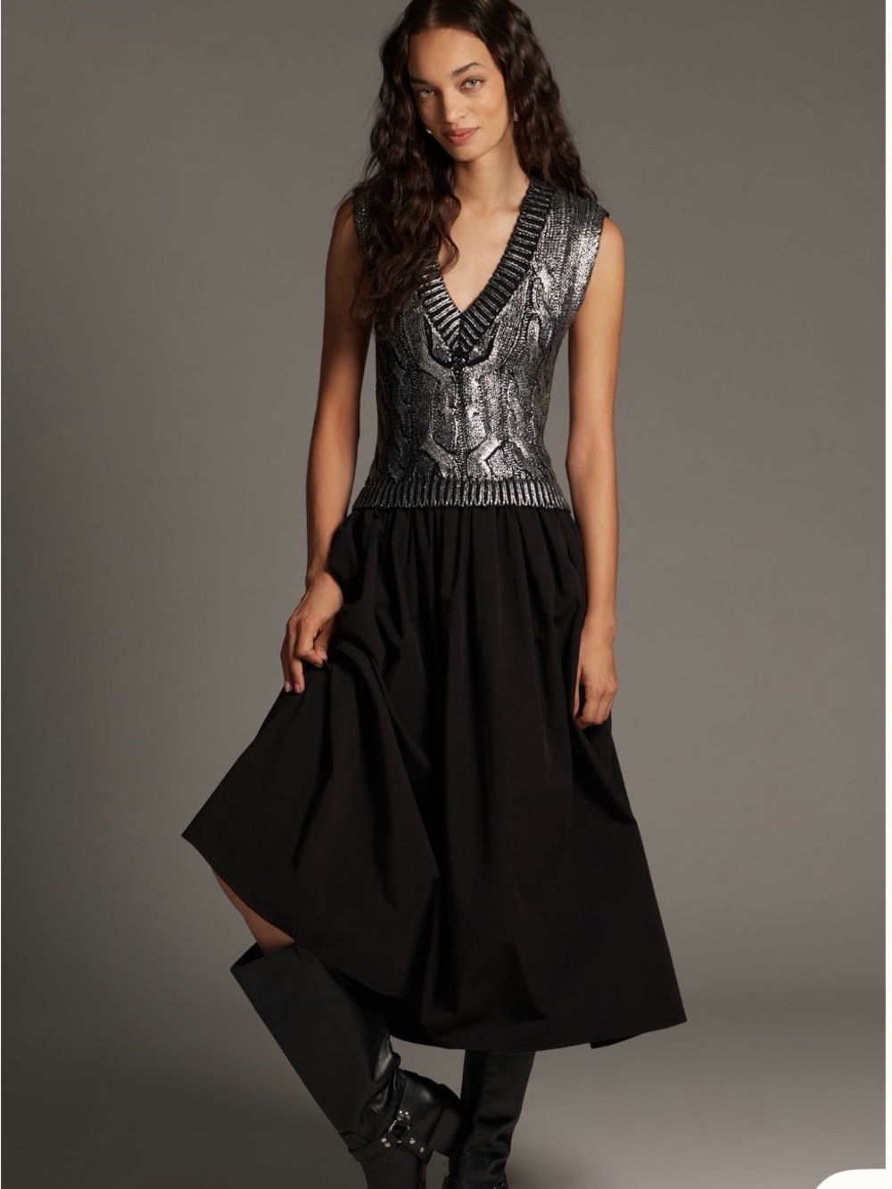 PILCRO SLEEVELESS V-NECK FOIL TWOFER MIDI DRESS